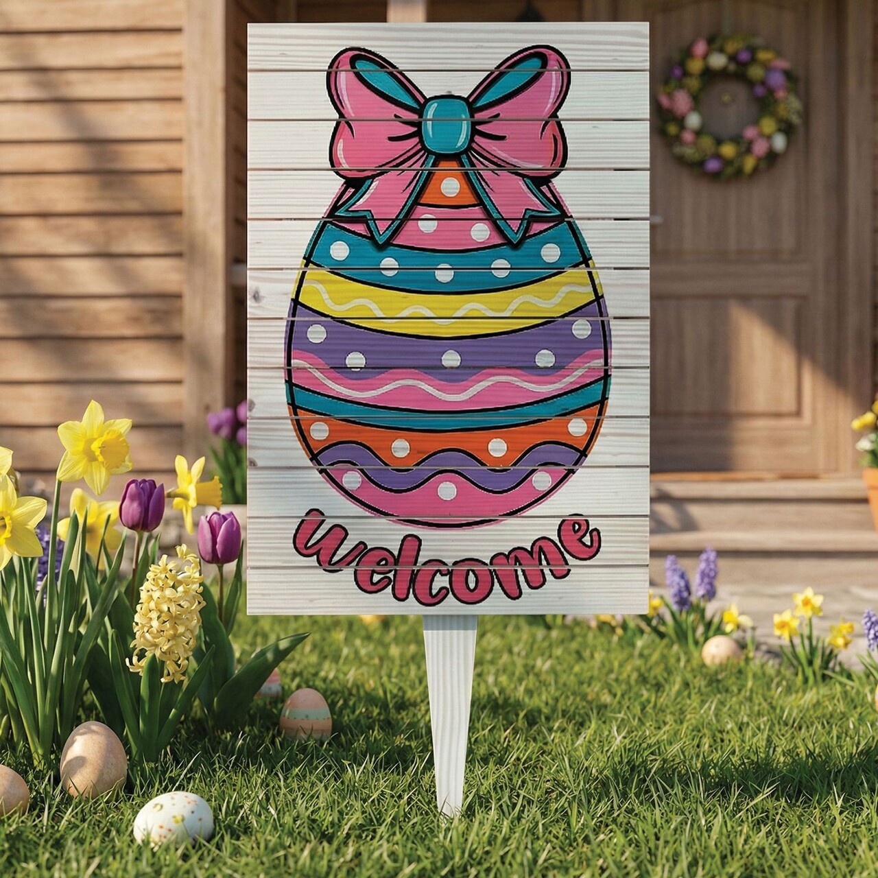 Semn de curte, Easter Welcome Egg, 38x58 cm, Multicolor - imagine 5